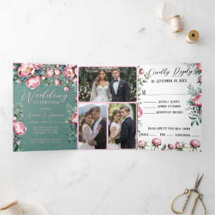 Carte De Fin D'année Trois Volets Elégant Peony Bouquet dans l'Aquarelle Mariage Inv