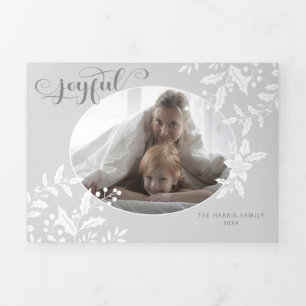 Carte De Fin D'année Trois Volets Elégant White Holly sur Grey avec Calligraphie Pho