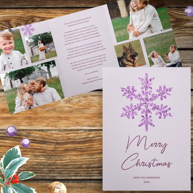 Carte De Fin D'année Trois Volets Fléau de neige Violet Glam 6 Pic Merry Multi Photo (Upload your photos into this purple snowflake design to create one of a kind Christmas cards)