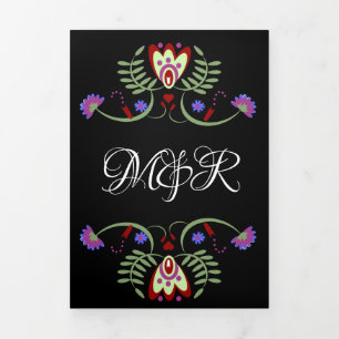 Carte De Fin D'année Trois Volets Fleurs de mariage mexicain folk coeurs