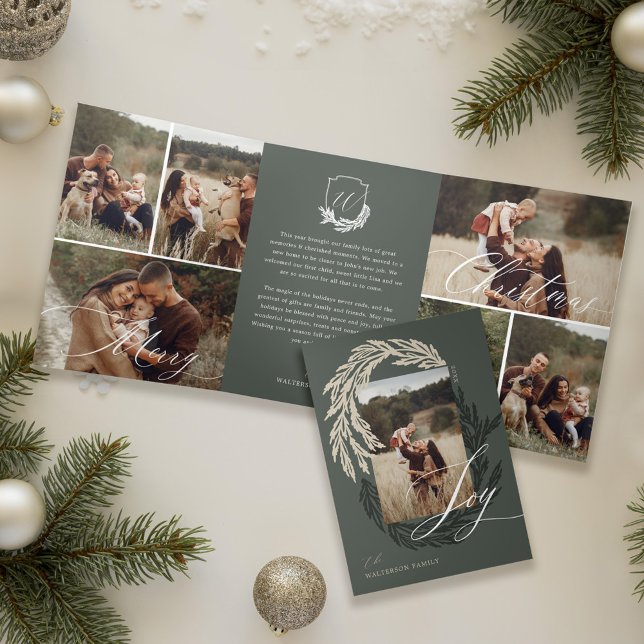 Carte De Fin D'année Trois Volets Galerie de photos Garland Wreath Monogram Noël (Garland Wreath Monogram Photo Gallery Christmas Tri-Fold Holiday Card (Inside & Cover))
