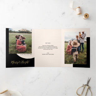 Carte De Fin D'année Trois Volets Gold & Black   Merry & Bright Christmas Photo