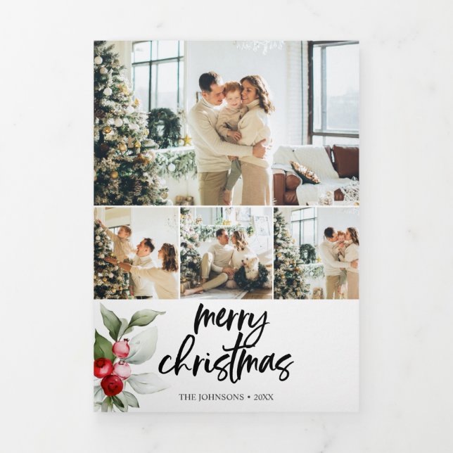 Carte De Fin D'année Trois Volets Joyeux Noël Berry Feuille Photo (Page de couverture)