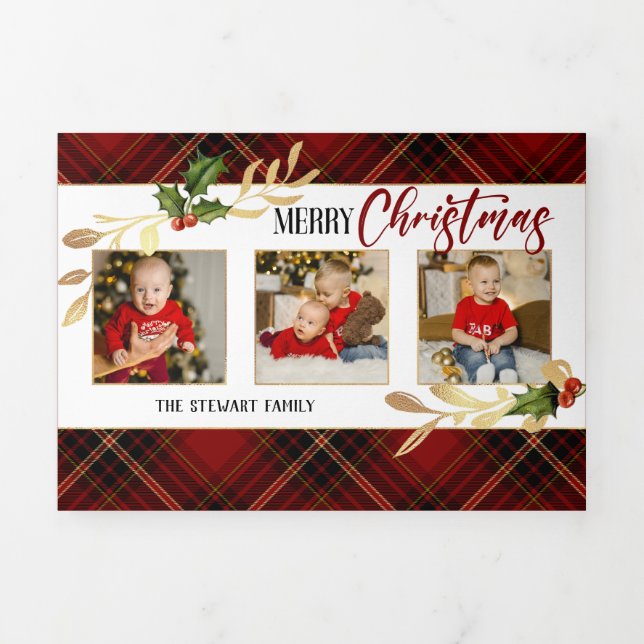 Carte De Fin D'année Trois Volets Joyeux Noël Gold Feuilles 3 photos Red Tartan (Page de couverture)