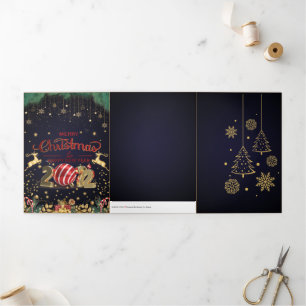 Carte De Fin D'année Trois Volets Joyeux Noël Rouge Et Or