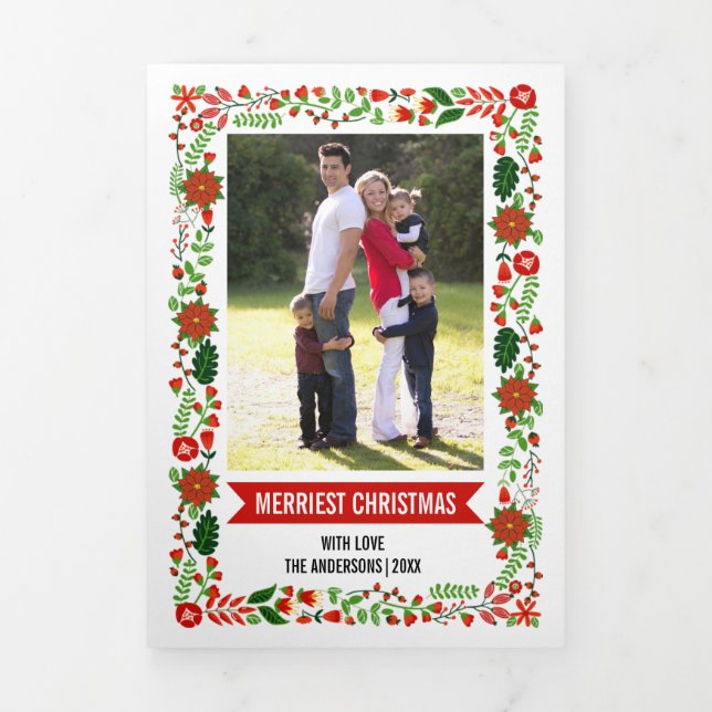 Carte De Fin D'année Trois Volets Joyeux poinsettia frontière florale photo (Page de couverture)