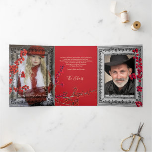 Carte De Fin D'année Trois Volets Lace Black Borders Rouge Personnalisé Blanc Script