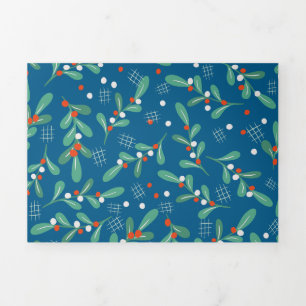Carte De Fin D'année Trois Volets Les verts de Noël avec baies Holly Bleu Rouge Blan