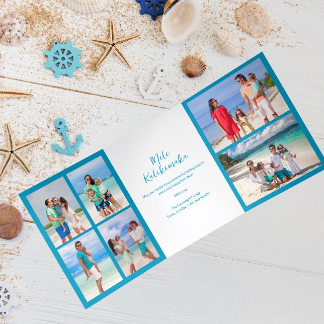 Carte De Fin D'année Trois Volets Mele Kalikimaka Family Photo Collage Blue Beach (Créateur téléchargé)