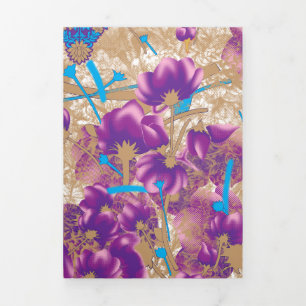 Carte De Fin D'année Trois Volets Motif floral vif avec violet et bleu f