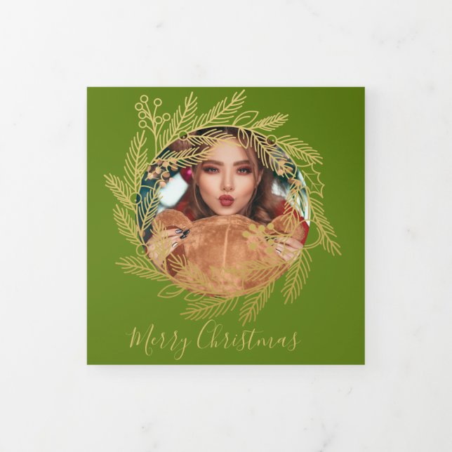 Carte De Fin D'année Trois Volets Noël Gold Wreath Photo personnalisée Noël (Protection)