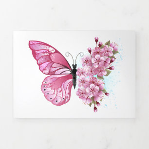 Carte De Fin D'année Trois Volets Papillon à fleurs avec Sakura rose