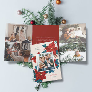 Carte De Fin D'année Trois Volets Photo de Noël aux Poinsettias Peints
