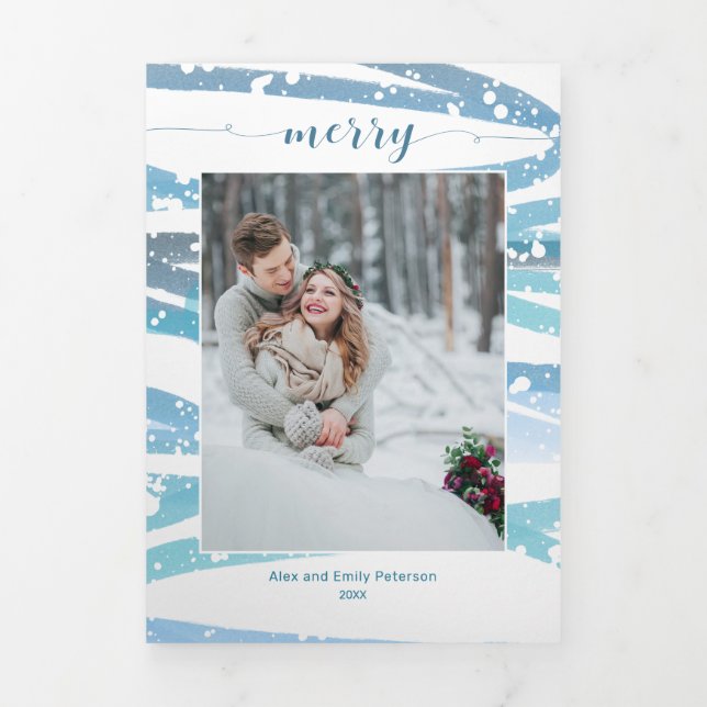 Carte De Fin D'année Trois Volets Photo moderne Joyeux hiver Mint Swashes (Page de couverture)