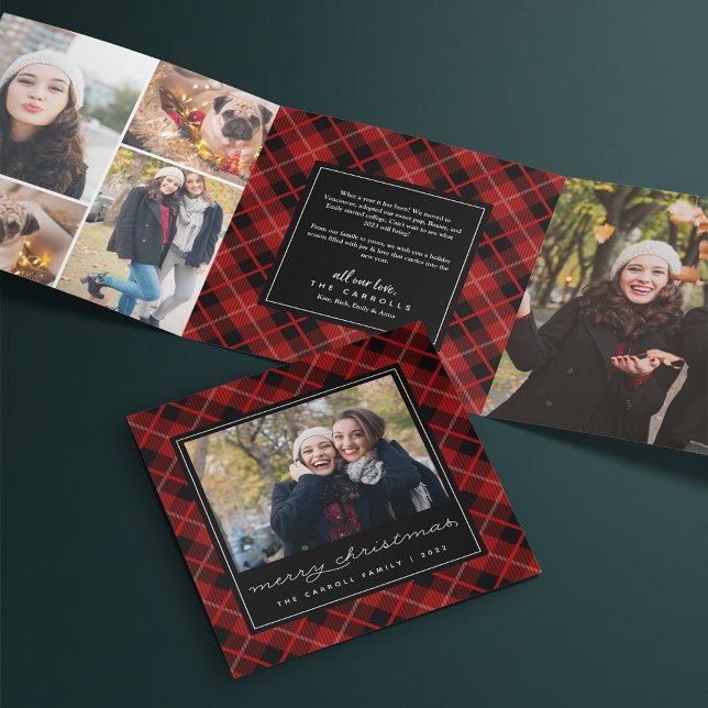 Carte De Fin D'année Trois Volets Photo Red Tartan Plaid (Créateur téléchargé)