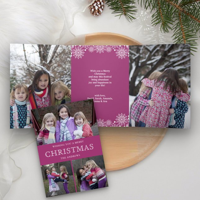 Carte De Fin D'année Trois Volets Pink Winter Christmas Photo Collage (Créateur téléchargé)