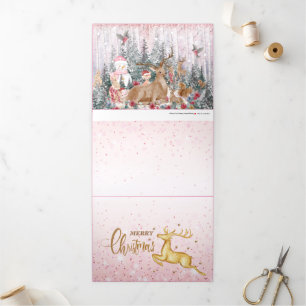 Carte De Fin D'année Trois Volets Rinder d'aquarelle rose, Snowman Joyeux Noël