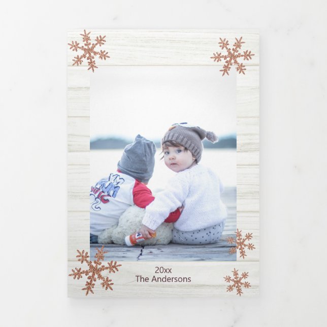 Carte De Fin D'année Trois Volets Rose Gold Snowflake Rustique Noël 3 Photo (Page de couverture)