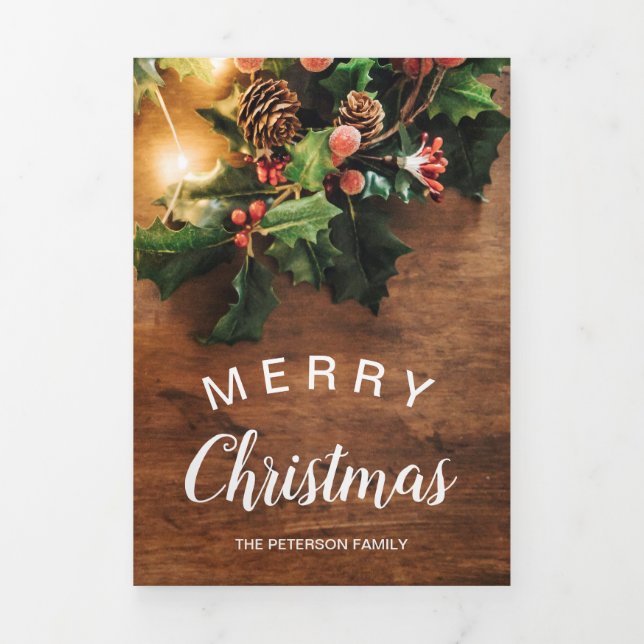 Carte De Fin D'année Trois Volets Rustique Noël campagne photo mistletoe feu (Page de couverture)