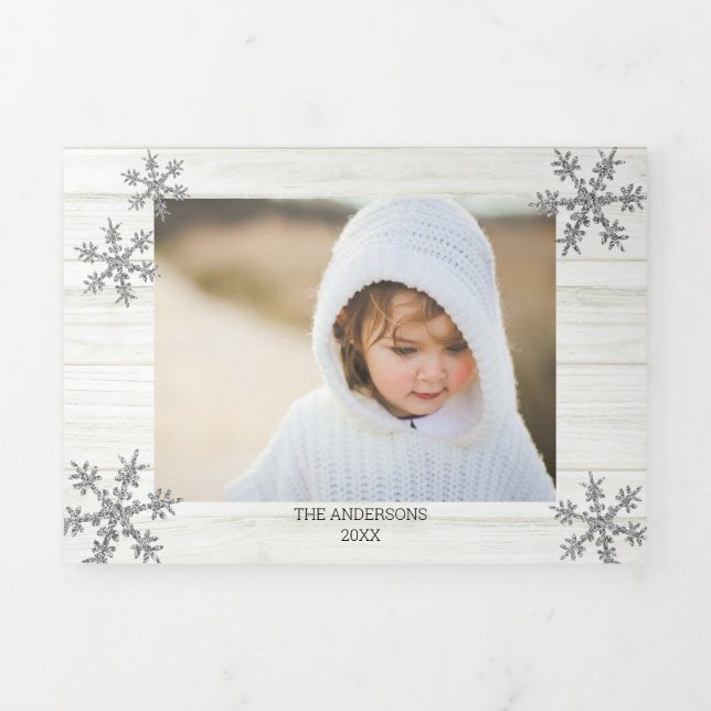 Carte De Fin D'année Trois Volets Silver Snowflake Rustique Noël 5 Photo (Page de couverture)