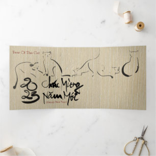 Carte De Fin D'année Trois Volets Tableau original Chat Nouvel An Vietnamien 2023 3F