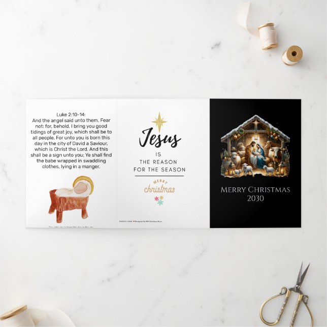 Carte De Fin D'année Trois Volets Traditional Nativity Scene Church Christmas (Extérieur)