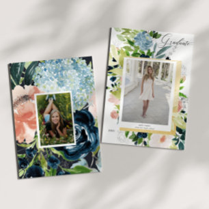 Carte de fin d'études photo avec florale en bleu d