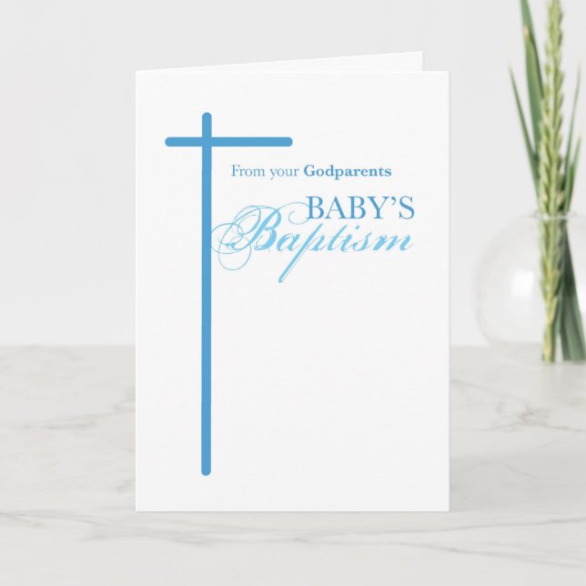 Carte De Godparents sur le Baptême, Croix Bleue Garçon (Devant)