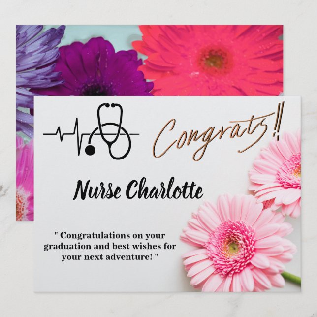 Carte de graduation moderne Rose Daisy Floral Nurs (Devant / Derrière)