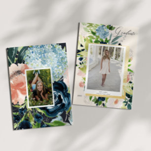 Carte de graduation photo florale bleu nuit