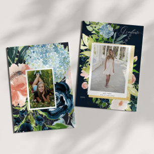 Carte de graduation photo florale bleu nuit
