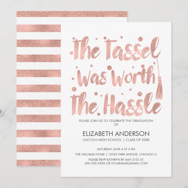 Carte de graduation rose Gold Tassel (Devant / Derrière)
