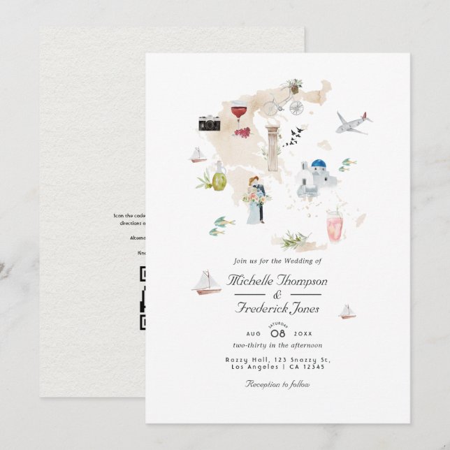 Carte de Grèce Code QR RSVP Mariage de Destination (Devant / Derrière)