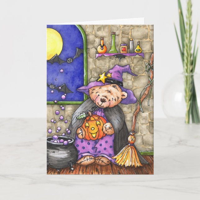 Carte de Halloween de sorcière d'ours de nounours (Devant)