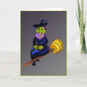 Carte de Halloween de sorcière heureuse volant sur