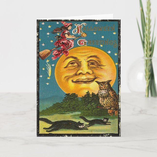 Carte de Halloween Vintage Sorcière de Lune (Devant)