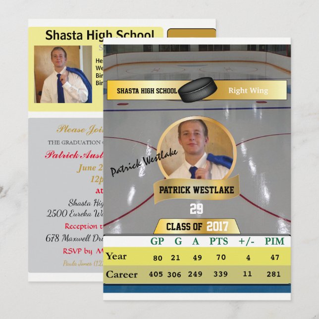 Carte de hockey W/Stats Grad Invitations - or (Devant / Derrière)