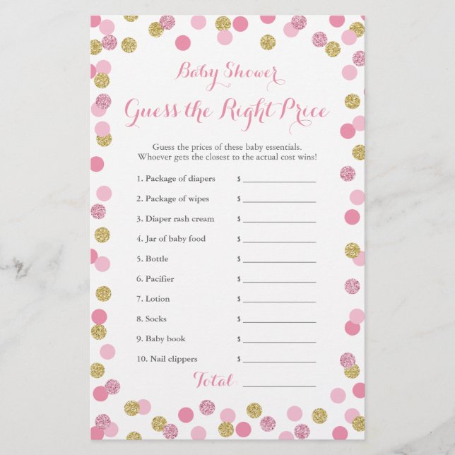Carte de jeu à prix Baby shower rose et or (Devant)