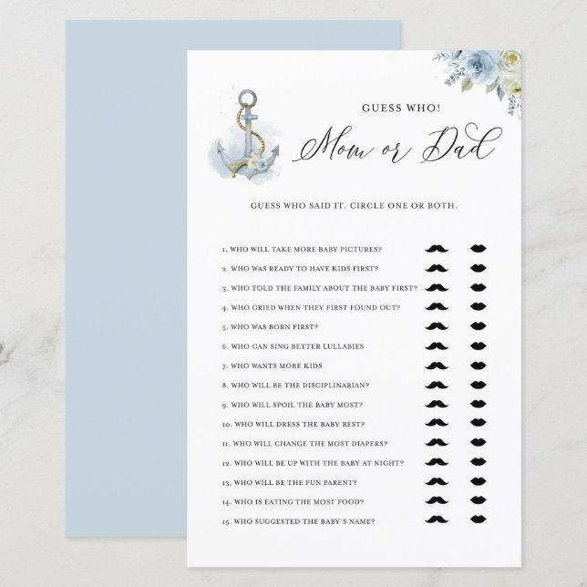 Carte de jeu Baby shower Ancre bleue Maman ou Papa (Devant / Derrière)