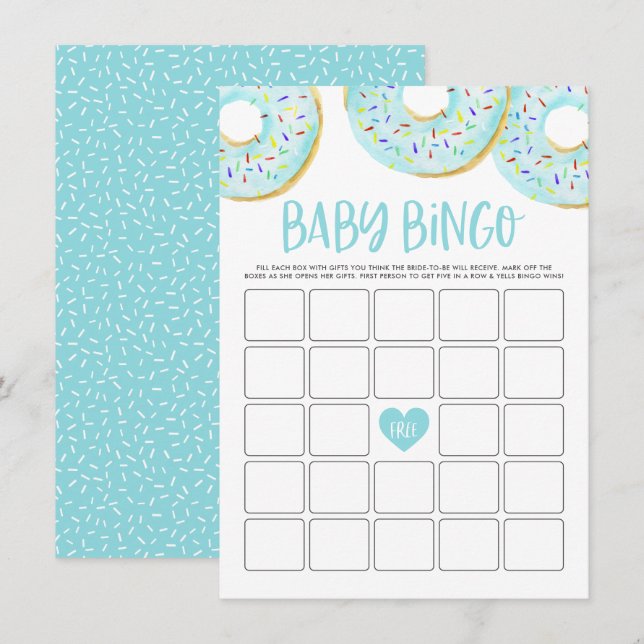 Carte de jeu Baby shower Bingo Donuts bleu (Devant / Derrière)