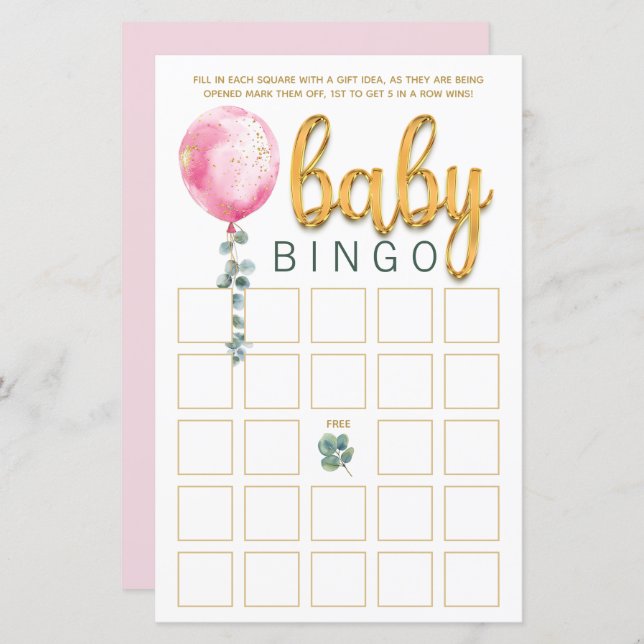 Carte de jeu Baby shower de bingo rose (Devant / Derrière)
