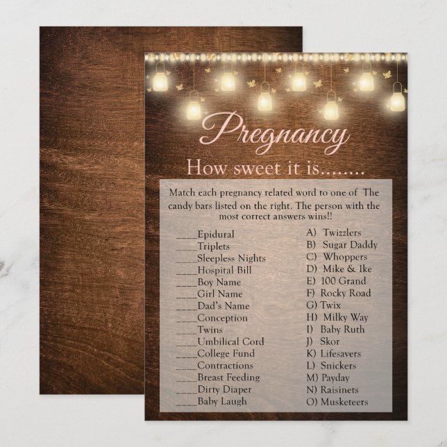 Carte de jeu Baby shower de grossesse pour bébé en (Devant / Derrière)