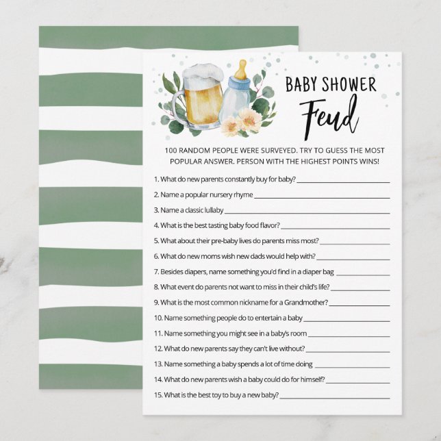 Carte de jeu Baby shower Feud pour brasserie verdo (Devant / Derrière)