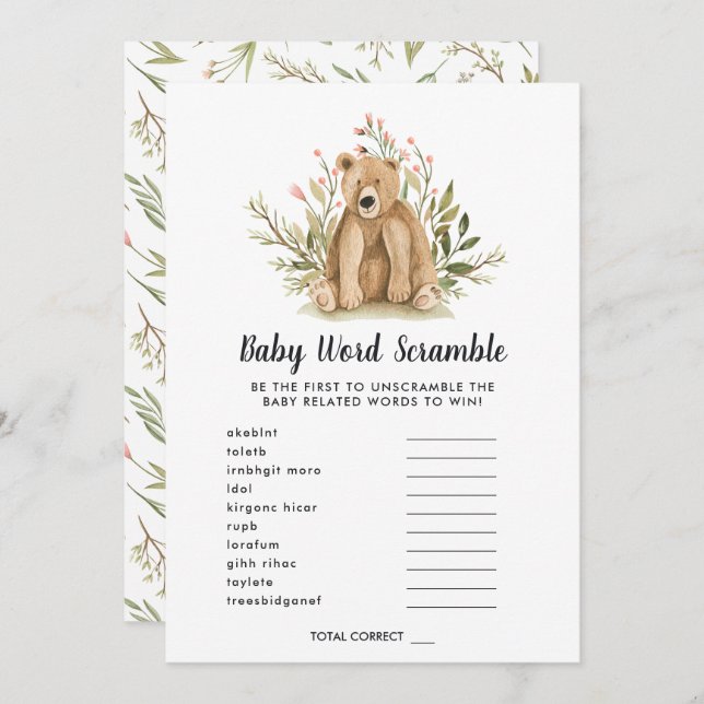 Carte de jeu baby shower Word Scramble (Devant / Derrière)