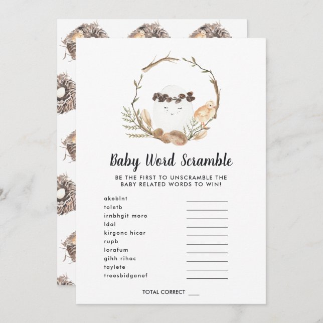 Carte de jeu baby shower Word Scramble (Devant / Derrière)