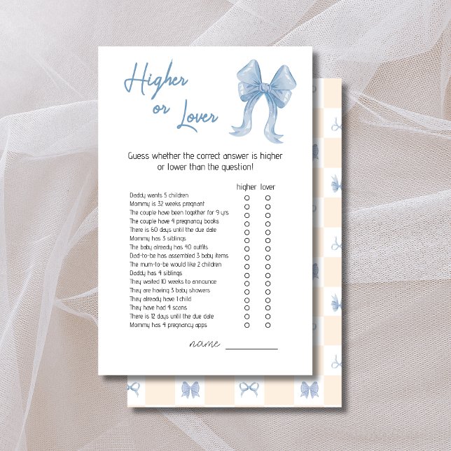 Carte de jeu Blue Bow Baby shower supérieur ou inf (Créateur téléchargé)