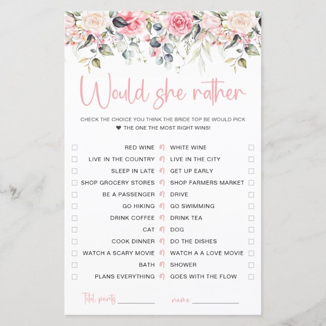 Carte de jeu Blush Floral | Would She Rather (Devant)