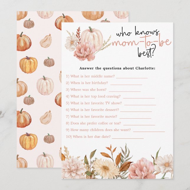 Carte de jeu Citrouille Floral Baby shower automne (Devant / Derrière)