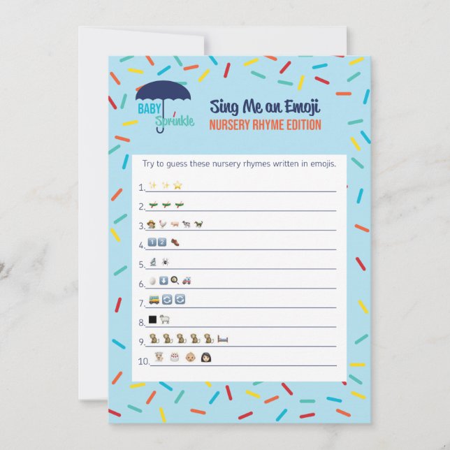 Carte de jeu de baby shower de comptine d'Emoji (Devant)