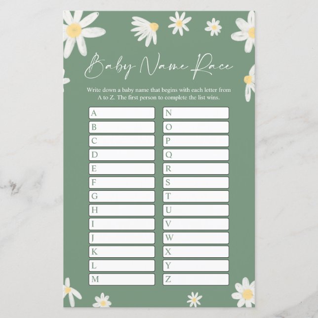 Carte de jeu de baby shower 'Sage Green Name Race' (Devant)